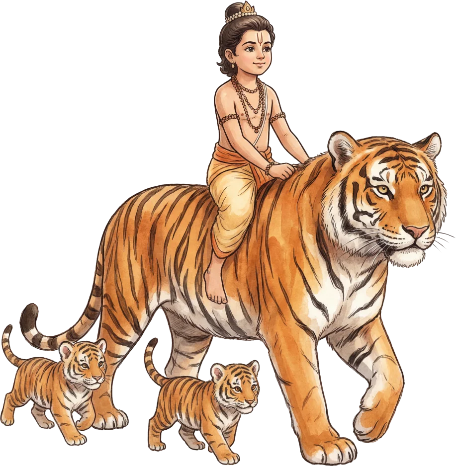 Ayyappa riding a tiger from the forest
